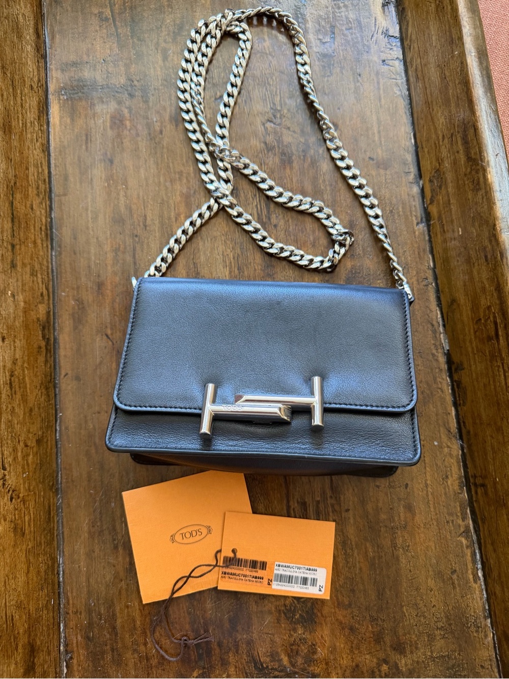 Tod's Black Leather Chain Crossbody Bag with Silver Hardware